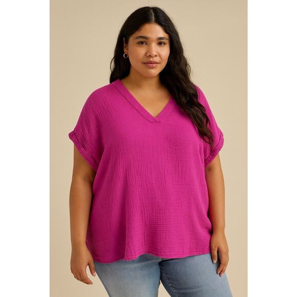 Lane Bryant Tops - Lane Bryant Gauze Coastal Casual Top Pink 100% Cotton Size 14 Preppy Comfort EUC
